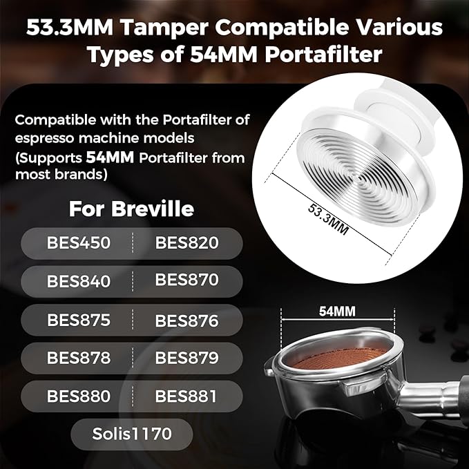 IKAPE 53.3mm Espresso Tamper, Premium Barista Coffee Tamper with Calibrated Spring Loaded, 100% Flat Stainless Steel Base Tamper Fits for Breville Series 54mm Portafilter Basket(White)