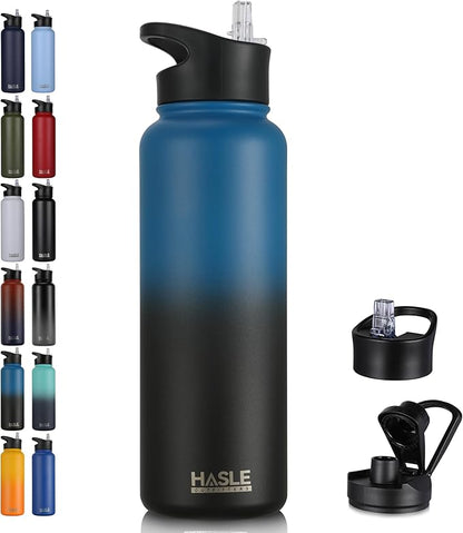 HASLE OUTFITTERS 40oz Stainless Steel Water Bottle, Vacuum Insulated Double Walled Leak Proof Sports Water Bottle with 2 Lids (Straw and Spout Lid) Keep Cold and Hot(Blue Black Gradient,1)