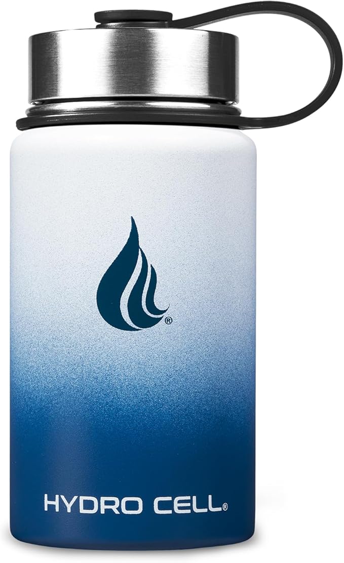 HYDRO CELL Stainless Steel Insulated Water Bottle with Straw - For Cold & Hot Drinks - Metal Vacuum Flask with Screw Cap and Modern Leakproof Sport Thermos for Adults (Navy/White 14oz)