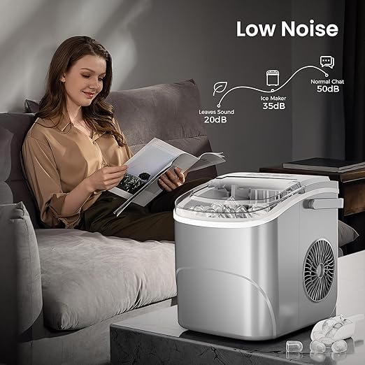 AGLUCKY Ice Makers Countertop with Handle,26.5Lbs/24H,9 Cubes in 6 Mins,2 Sizes of Bullet Ice,Portable Machine with Self-Cleaning,Perfect for Home Kitchen(Grey)