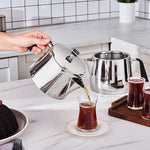 Load image into Gallery viewer, Karaca Fiona Stainless Steel Turkish Teapot Set XL, 1L Tea Pot &amp; 2L Water Tank (Kettle), Stove Top/Induction Compatible, Elegant Silver Design, Easy to Clean, Non-Flammable Handles