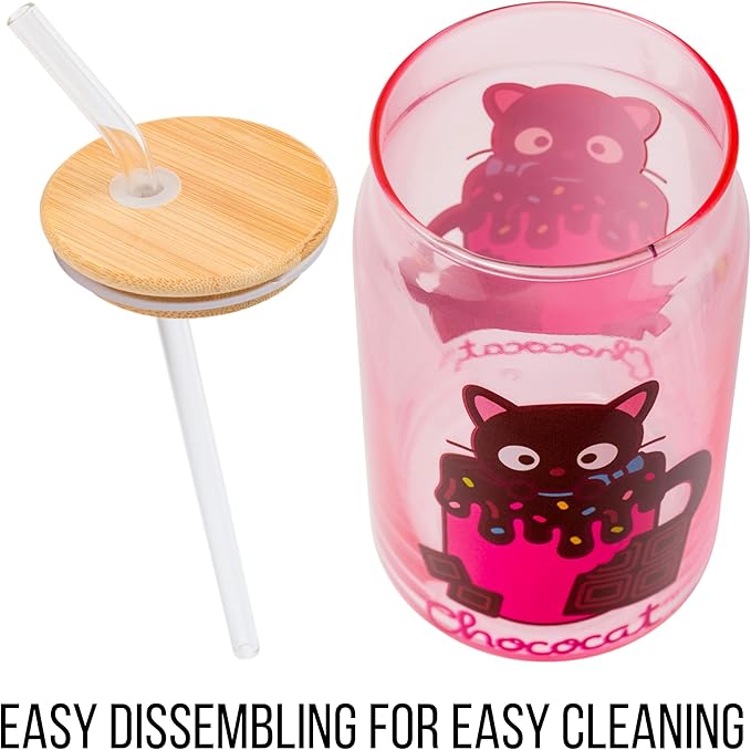 Silver Buffalo Sanrio Hello Kitty & Friends Chococat Chocolate Pink Glass Jar Tumbler with Bamboo Lid and Glass Straw, 16 Ounces
