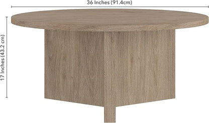 Henn&Hart 36" Round Wood Pedestal Coffee Table for Living Room, Family Room, Office, or Apartment, Antiqued Gray Oak