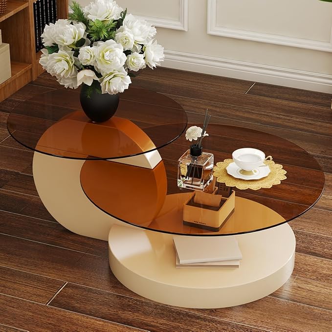 42 Inch Glass Coffee Table，Round Coffee Table with 2-Tier Tempered Glass Tabletop，Easy to Clean Circle Coffee Table with Sturdy Base for Living Room，Office （ Cream White Colored Base）