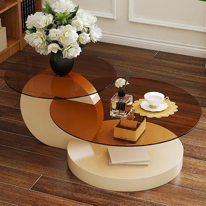 42 Inch Glass Coffee Table，Round Coffee Table with 2-Tier Tempered Glass Tabletop，Easy to Clean Circle Coffee Table with Sturdy Base for Living Room，Office （ Cream White Colored Base）