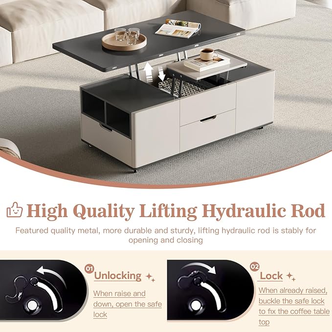 Lift Top Coffee Table with 4 Stools, 3 in 1 Multi-Function Center Table, Modern Lift Tabletop Coffee Table, Extendable Dining Table for Living Room (47.24 Inch)