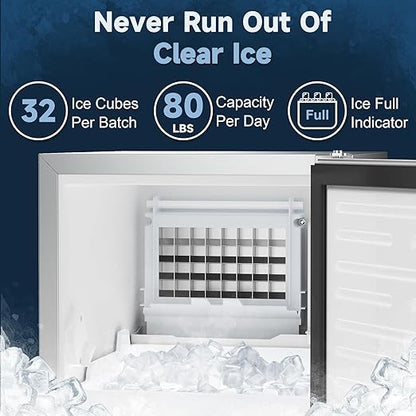 Coolski Commercial Under Counter Ice Maker Machine 80 Lbs/Day, Stainless Steel Built-in Freestanding Ice Maker for Outdoor, 30 Lbs Storage, Self Cleaning, Thicknesses Adjustable