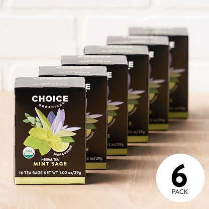 Choice Organic Mint Sage Herbal Tea, Caffeine Free, 16 Bags (Pack Of 6)