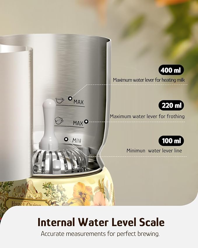 Hazel Quinn Milk Frother, 5 Functions, Variable Temp & Thickness Frother and Steamer, Detachable for Dishwasher Safe, 400ML/13.5OZ for Hot & Cold Latte, Cappuccino - Floral Printed