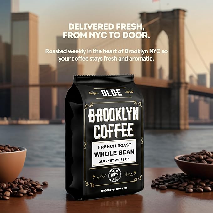BROOKLYN COFFEE Whole Bean, French Dark Roast (2lb) Silky Smooth, Bold, Balanced - Fresh Bulk Coffee Beans Roasted Weekly in NYC