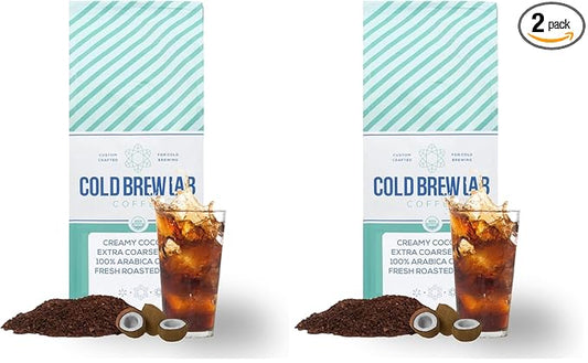 Cold Brew Organic Coarse Ground Flavored Coffee, Coconut Flavor, Dark Roast, Colombian Supremo, Coarse Grind for Cold Brew Coffee & French Press,1 LB (Pack of 2)