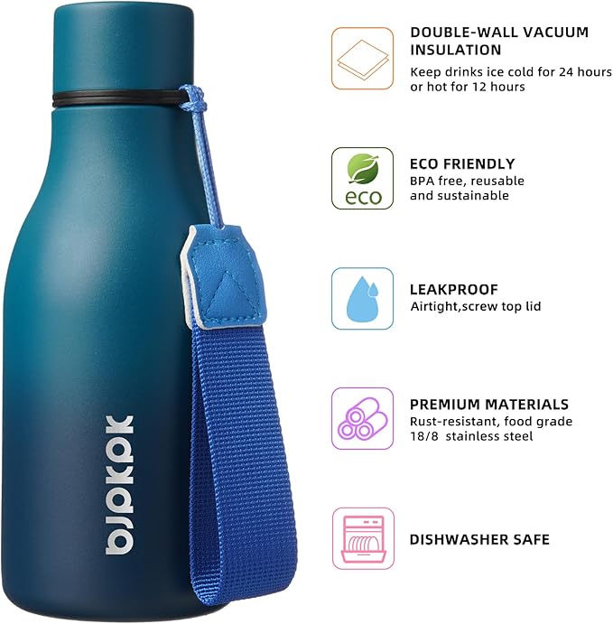 BJPKPK Insulated Water Bottles, 12oz Stainless Steel Metal Water Bottle with Strap, BPA Free Leak Proof Jugs, Mugs, Flasks, Reusable Thermal Flasks for Sports & Travel, Sea