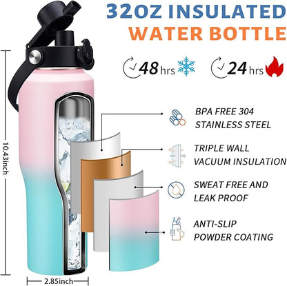 Insulated Water Bottle 32OZ That Fits in Cup Holder - Stainless Steel Water Bottle with Straw & Spout Lids, Paracord Handle, Carrying Case with Strap, Double Wall Vacuum Thermo Coffee Mug