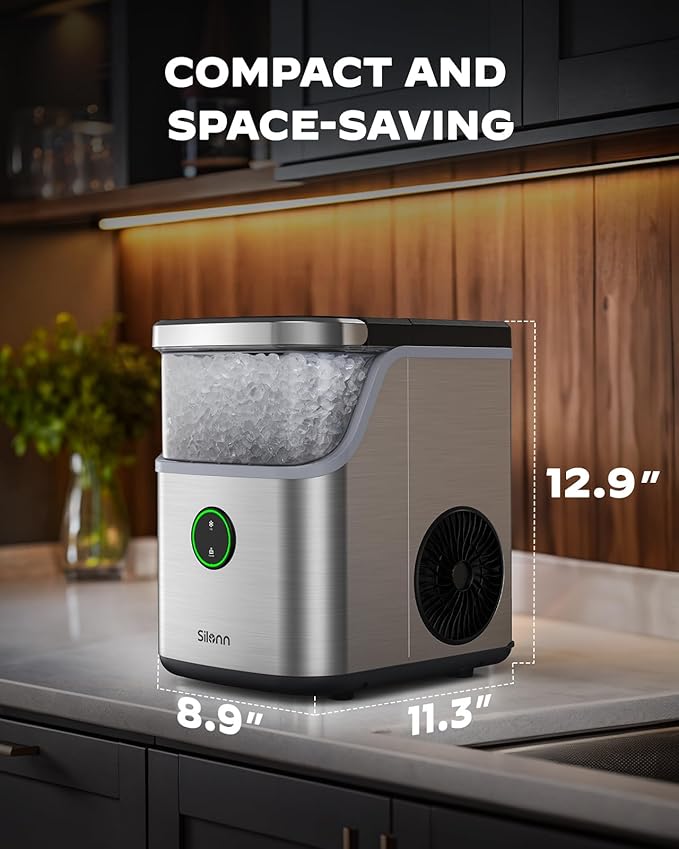 Silonn Nugget Ice Maker Countertop, Ice Basket with Handle, Quiet Operation & Self Cleaning Ice Machine, Chewable Ice, 33 lbs/24H, Portable Pellet Ice Maker with Scoop for Home, Kitchen and Office