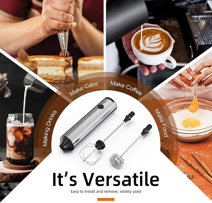 Milk Frother Wand for Coffee with 3-Speed,Stainless Steels Hand Frother Rechargeable,Electric Whisk with 2 Heads for Mixing Drinks Like Latte, Cappuccino, Hot Chocolate, Egg,Sliver