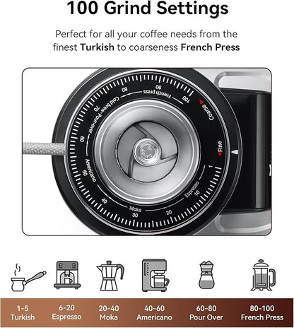 MOKKOM Professional 64mm Flat Burr Coffee Grinder with 100 Grind Settings, All-Metal Stainless Steel Body, Coffee Bean Grinder with Adjustable Electronic Timer, Anti-Static, LED Display