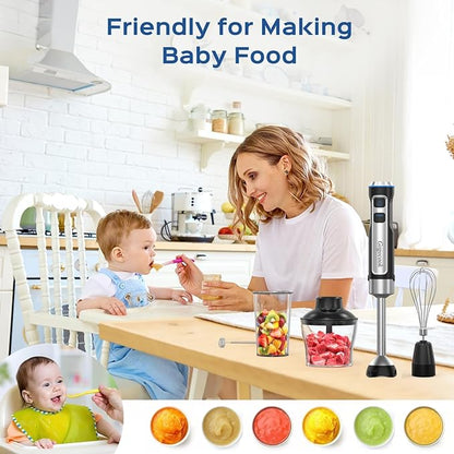 Immersion Blender Handheld 8 in 1 Hand Blender, Electric Blender Max 1000W Immersion Blender with 21 Speed & Turbo Mode, 21 Speed & Turbo Mode, Beaker Chopper Milk Frother Frother Grinder