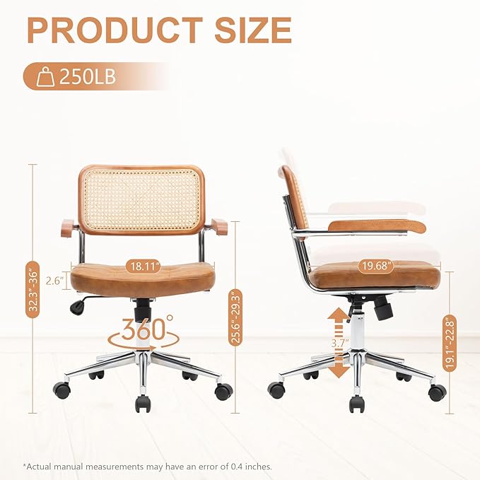 Rattan Office Chairs, Modern Rattan Desk Chair with Natural Back & Wood Armrest, Small Upholstered Tufted Leather Home Office Desk Chairs for Home Ofice, Bedroom, Study, Brown