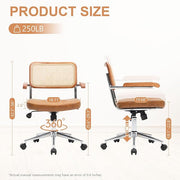 Rattan Office Chairs, Modern Rattan Desk Chair with Natural Back & Wood Armrest, Small Upholstered Tufted Leather Home Office Desk Chairs for Home Ofice, Bedroom, Study, Brown