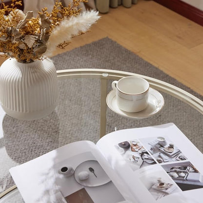 VINGLI Glass Coffee Table, 30" Round Coffee Table, Transparent Glass Coffee Tables for Living Room, 2-Tier Coffee Table with Storage, Modern Center Table with a Beige Frame, Mesa de Centro para Sala