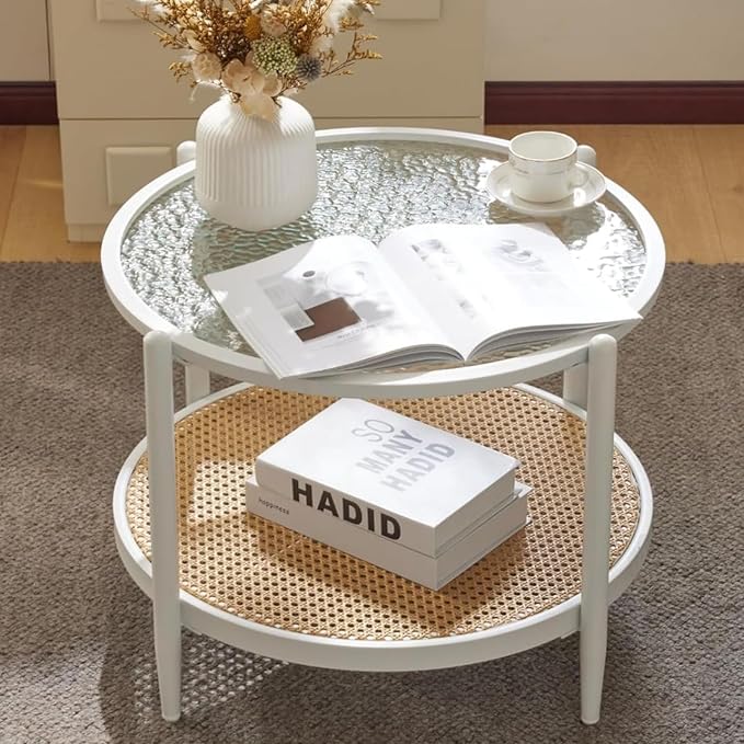 VINGLI 25.6" Coffee Table for Living Room, Round Water-Wave Glass Metal Center Table, Modern Rattan Coffee Table with 2-Tier Storage, Farmhouse Circular End Table for Small Space, White