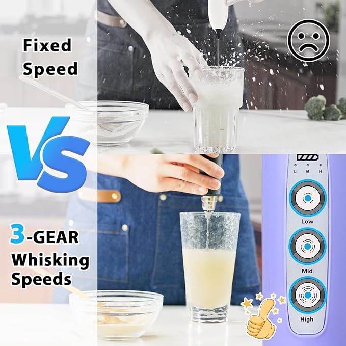 Milk Frother with Stand Rechargeable- Handheld Coffee Frother with 3 Stainless Whisks 3 Speed Adjustable, Electric Whisk Drink Mixer, Foam Maker Blender for Matcha Latte Cappuccino Chocolate