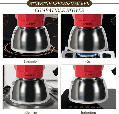Stovetop Espresso Maker, 6Cup Moka Pot, Espresso Machine Compatible with Induction Cooktops, 300ml Stainless Steel & Aluminum Cuban Coffee Maker for Cafetera Cubana, Red