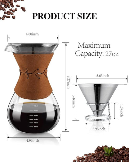 Pour Over Coffee Maker with Double-Layer Stainless Steel Filter - 27 oz Pour Over Coffee Dripper with Leather Collar, Heat Resistant 5 Cups Glass Coffee Carafe with Cork Lid for Hand Brewing Lovers