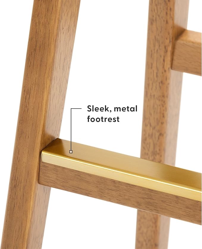 Plank+Beam Beryl Bar Height Stool - Mid-Century Modern Rubberwood Bar Stool with Faux Leather Seat, Metal Footrest, Easy Assembly, 2-Pack, Pecan/Toffee