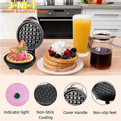 3 in 1 Mini Waffle Maker with Removable Plates-Waffles,Donuts,Pancakes all in Multimaker -Nonstick Surface for Easy Cleaning - Great Holiday Gift(Pink)