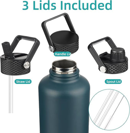 Insulated Water Bottle with Straw,87 oz 3 Lids Water Jug with Carrying Bag,Paracord Handle,Double Wall Vacuum Stainless Steel Metal Flask,Navy Blue