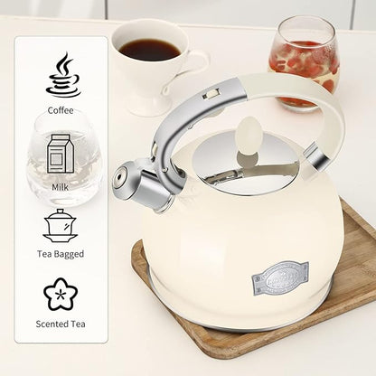 Tea Kettle for Stovetop Induction Whistling Tea Kettles 2.64 Quart Retro Food Grade Stainless Steel Teapots with Cool Touch Handle Cream