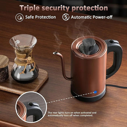 Gooseneck Electric Kettle 0.8L, 304 Stainless Steel (BPA-Free), 600W Fast Heating, Compact Copper Design with One-Touch Button & Auto Shut-Off, Perfect for Home, Office & Coffee/Tea Lovers