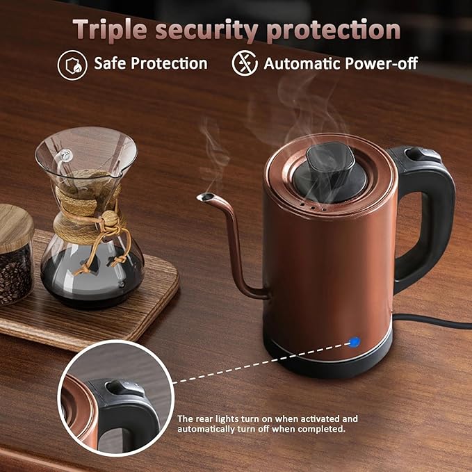 Gooseneck Electric Kettle 0.8L, 304 Stainless Steel (BPA-Free), 600W Fast Heating, Compact Copper Design with One-Touch Button & Auto Shut-Off, Perfect for Home, Office & Coffee/Tea Lovers
