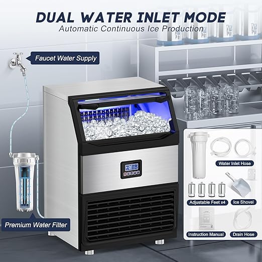 Commercial Ice Maker Machine – 250 Lbs/24H, 75 Lbs Storage Bin, 80 Ice Cubes in 8 Minutes – Freestanding Ice Machine with Water Filter and Scoop for Restaurant, Bar, Home, and Office