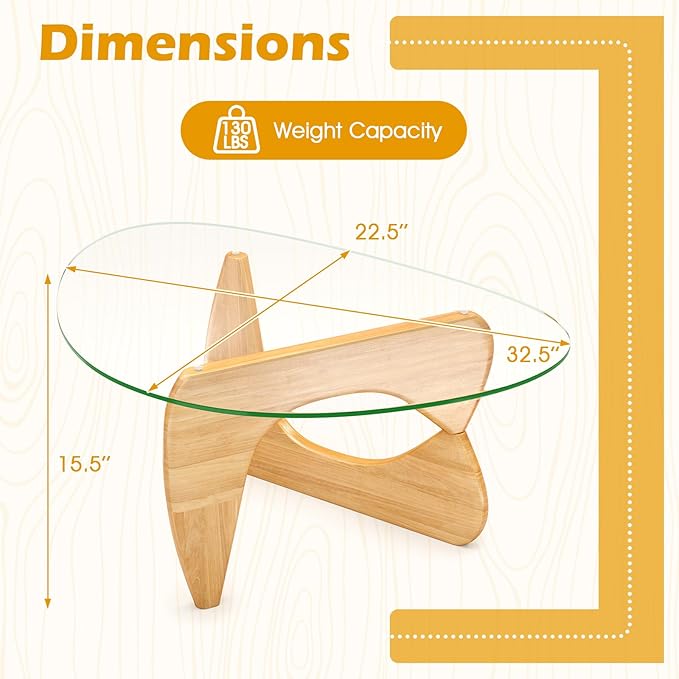 Giantex Triangle Glass Coffee Table, Solid Wood Tea Table with Tempered Glass Top & Adjustable Base, Small Accent Table for Small Spaces, Mid Century Modern Center Table for Living Room (Natural)