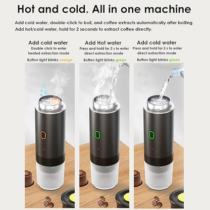 Portable Electric Espresso Machine - Self-Heating Travel Coffee Maker with USB-C, Compatible with Ground Coffee, NES & DG Capsules | Ideal for Camping, Car, Office, & Hiking