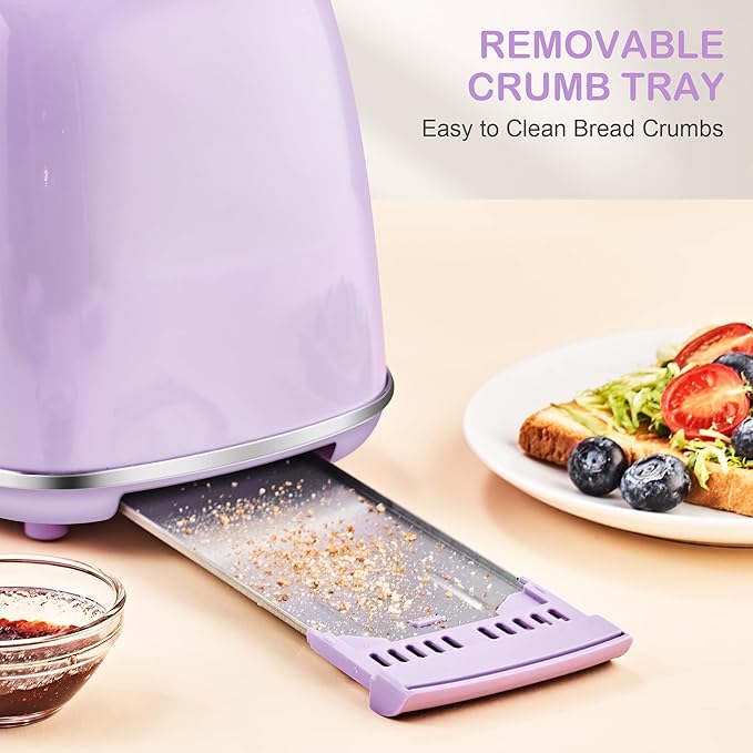 Roter Mond 2 Slice Toaster Retro Stainless Steel with Bagel, Cancel, and Defrost Functions, 6 Bread Shade Settings, Extra Wide Slots and Removable Crumb Tray, Lavender-Purple