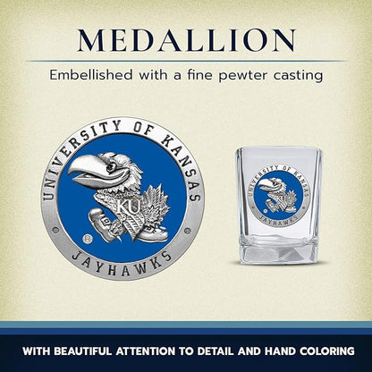 Heritage Pewter University of Kansas Jayhawks Square Shot Glass | Hand-Sculpted 1.5 Ounce Shot Glass | Intricately Crafted Metal Pewter Alma Mater Inlay