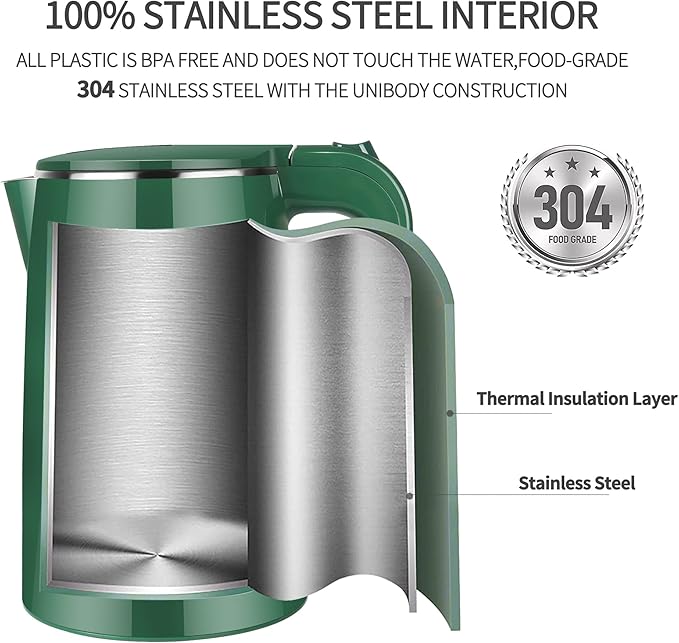 1.7L Electric Kettle Quiet, Double Wall Hot Water Boiler BPA-Free, Quiet Boil and Cool Touch Tea Kettle, Cordless with Auto Shut-Off & Boil Dry Protection, 1500W Fast Boiling, dark green