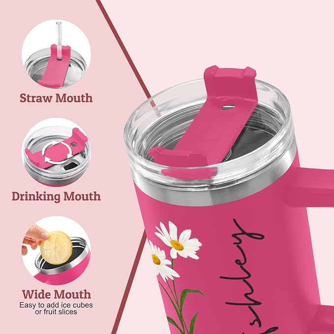 Personalized 40 Oz Tumbler with Handle and Straw, Custom Cup with Name & Birth Flower, Stainless Steel Travel Coffee Tumbler,Personalized Christmas Birthday Gifts for Women, Teen Girls