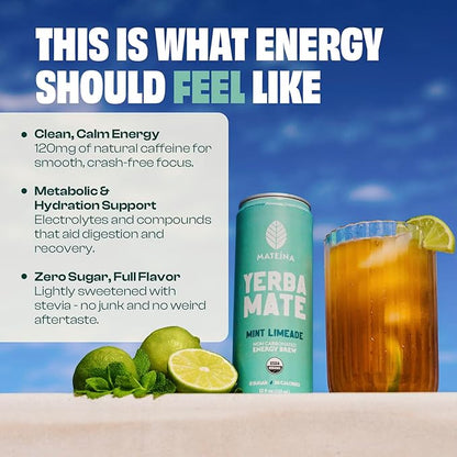Mateina Yerba Mate Zero Sugar Energy Drink – 120mg Natural Caffeine – Organic, Non-GMO, Non-Carbonated – Dr. Andrew Huberman Recommended – 12 Pack (12oz Cans) (12 Pack, Mint Limeade)