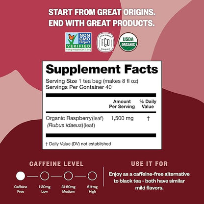 FGO Organic Red Raspberry Leaf Herbal Tea, 40 Count, Eco-Conscious Tea Bags, Caffeine Free (Pack of 1)