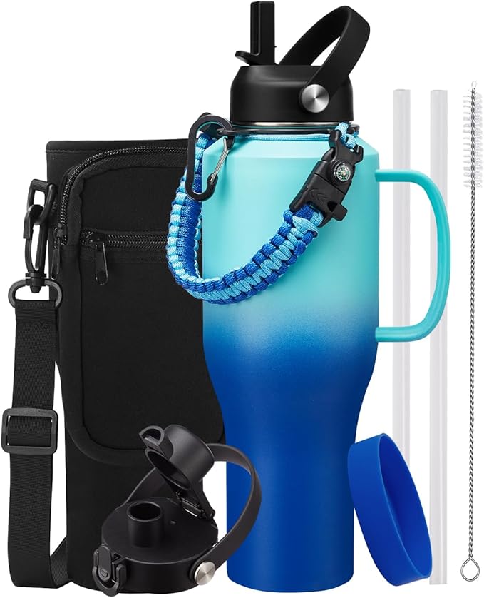 40 oz Water Bottle with Handle and Straw - Stainless Steel TumblerKeep Cold for 48 Hrs, Travel Tumbler Flask with Storage Carrier Pouch, Paracord Handle & Silicone Boot, Auto Chug Lid & Straw