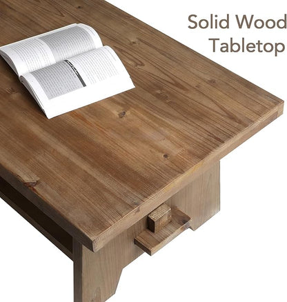 Farmhouse Wood Coffee Table - 43.4” Mid Century Modern Wooden Coffee Tables for Living Room, Solid Firwood Tabletop Rectangle Coffee Table, Center Table for Living Room, Brown