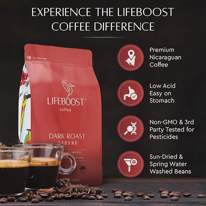 Lifeboost Dark Roast Ground Coffee - Non-GMO Low Acid Single Origin USDA Organic Dark Roast Coffee - Third Party Tested For Mycotoxins & Pesticides - 12 Ounces