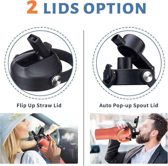 32 oz Stainless Steel Water Bottle - Keep Cold-48 Hrs, Hot-24 Hrs, Leak Proof Vacuum Insulated Water Bottle with Straw, Spout Lid, Carrier Bag, Travel Coffee Tumbler Fits in Car Cup Holder