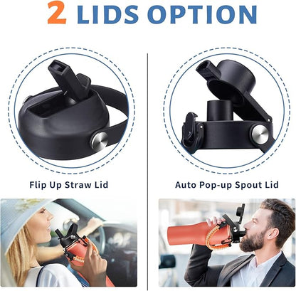 32 oz Stainless Steel Water Bottle - Keep Cold-48 Hrs, Hot-24 Hrs, Leak Proof Vacuum Insulated Water Bottle with Straw, Spout Lid, Carrier Bag, Travel Coffee Tumbler Fits in Car Cup Holder