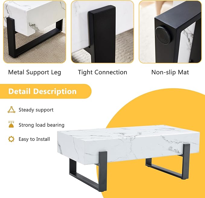 47.2" Marble-Patterned Rectangle Coffee Table MDF Desktop with Metal Legs for Living Room Dining Room Office, White and Black