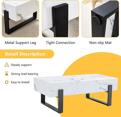 47.2" Marble-Patterned Rectangle Coffee Table MDF Desktop with Metal Legs for Living Room Dining Room Office, White and Black